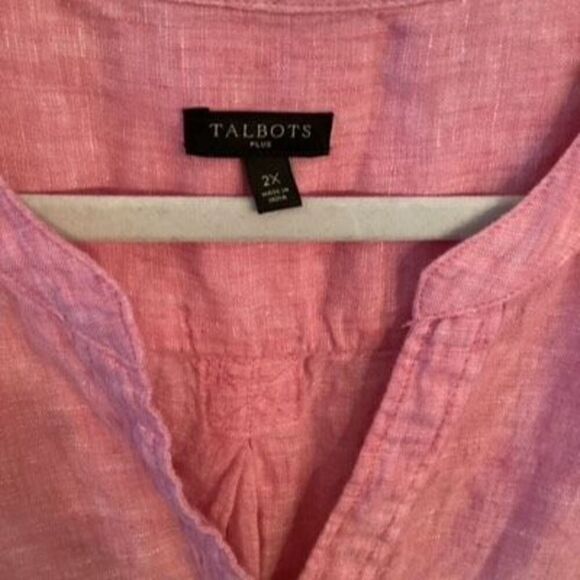 Talbots Plus 100% Linen Band Collar Popover Sz 2X Pink - Picture 3 of 10